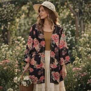 Rain & Rose floral kimono open cardigan Sz L Gardencore Cottagecore EUC